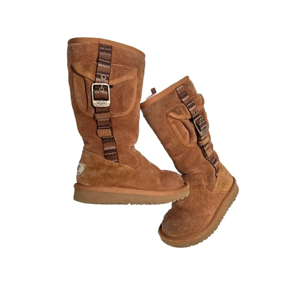 UGG Childs Australia 1968 RETRO CARGO Sheepskin Lined Tall Boots Chestnut Sz‎ 10